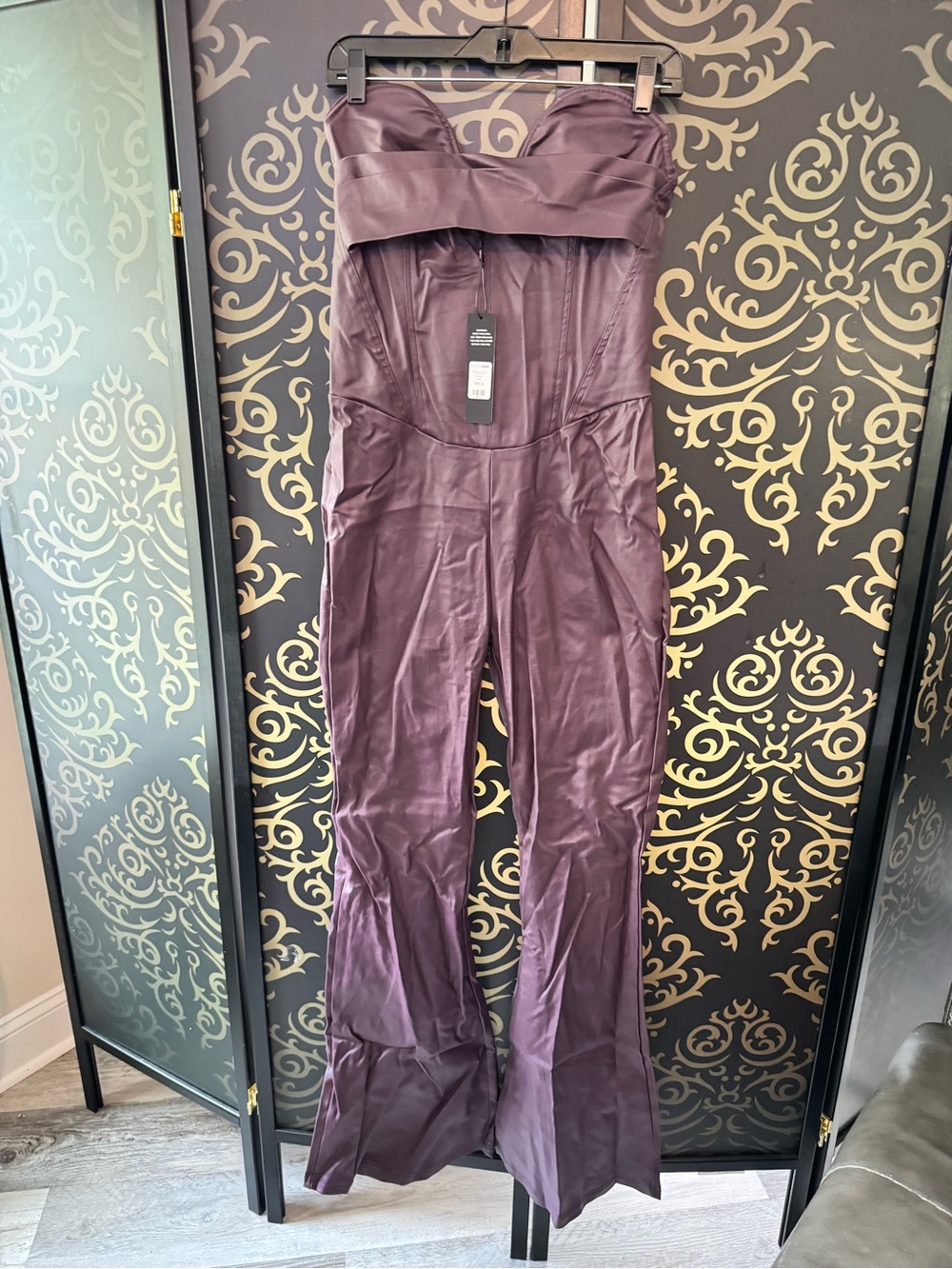 Fashion Nova Strapless Satin Jumpsuit in Plum